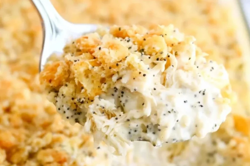 Poppy Seed Chicken Casserole topped with a crispy breadcrumb crust