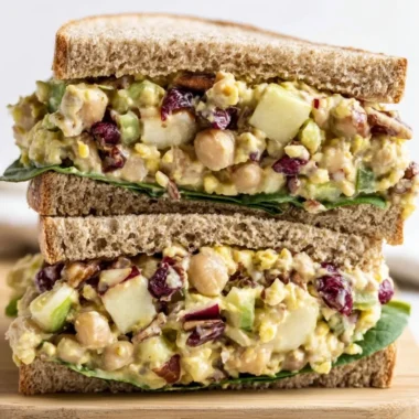 Vegan cranberry apple chickpea salad sandwich on a plate with fresh ingredients