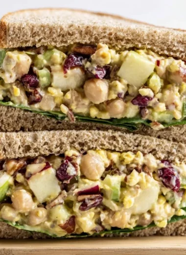 Vegan cranberry apple chickpea salad sandwich on a plate with fresh ingredients
