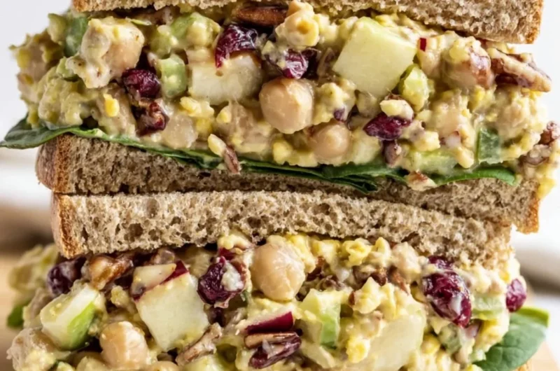 Vegan cranberry apple chickpea salad sandwich on a plate with fresh ingredients