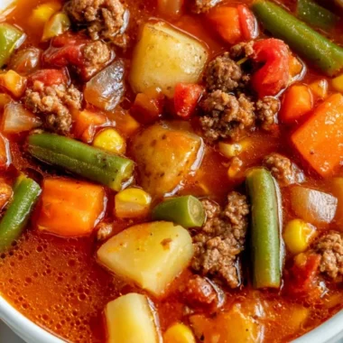 Bowl of hearty Vegetable Beef Soup with vibrant vegetables and tender beef chunks.