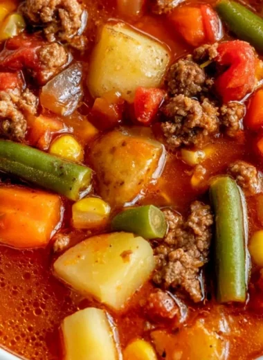 Bowl of hearty Vegetable Beef Soup with vibrant vegetables and tender beef chunks.