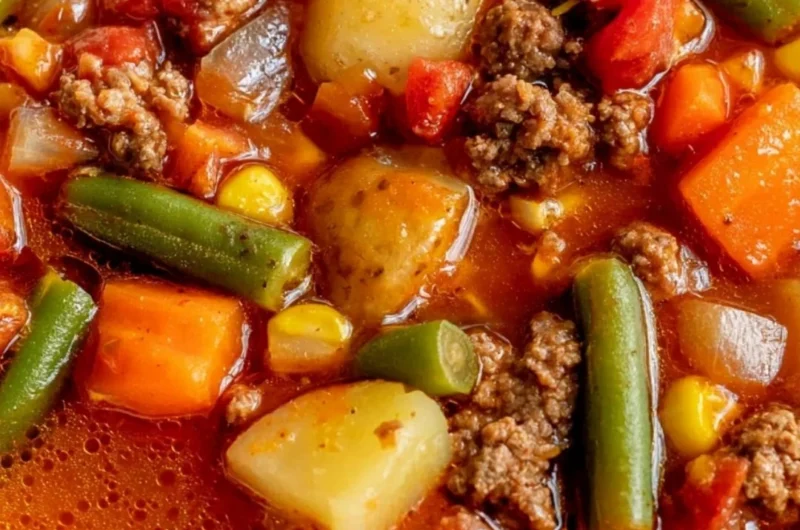 Bowl of hearty Vegetable Beef Soup with vibrant vegetables and tender beef chunks.