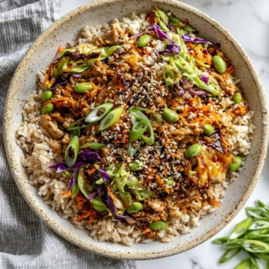 Veggie-packed turkey egg roll bowl with colorful vegetables and delicious turkey.