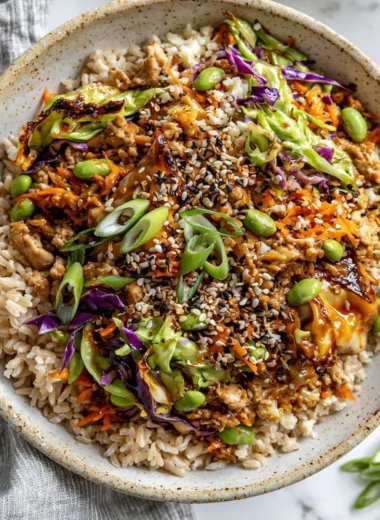 Veggie-packed turkey egg roll bowl with colorful vegetables and delicious turkey.