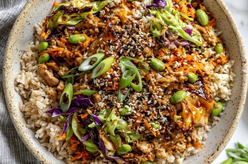 Veggie-packed turkey egg roll bowl with colorful vegetables and delicious turkey.