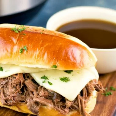 Delicious Instant Pot French dip sandwich served with au jus