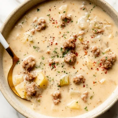 Bowl of creamy sausage soup with fresh herbs and ingredients