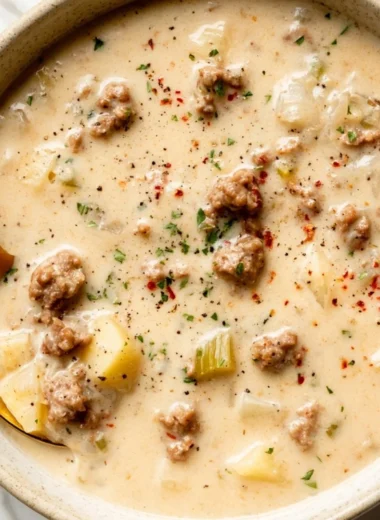 Bowl of creamy sausage soup with fresh herbs and ingredients
