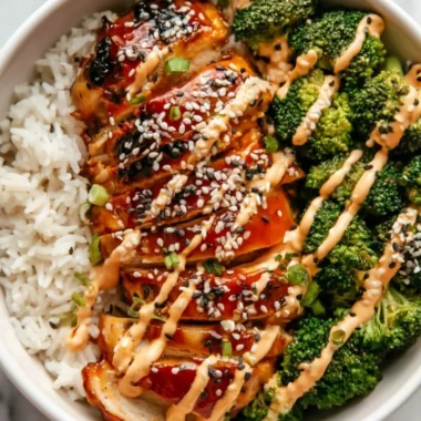 Healthy sticky chicken bowls with veggies and rice