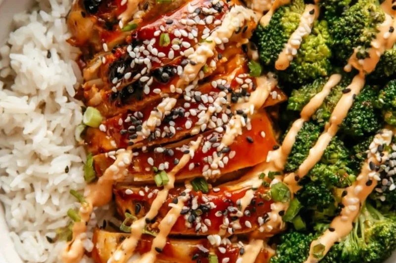 Healthy sticky chicken bowls with veggies and rice